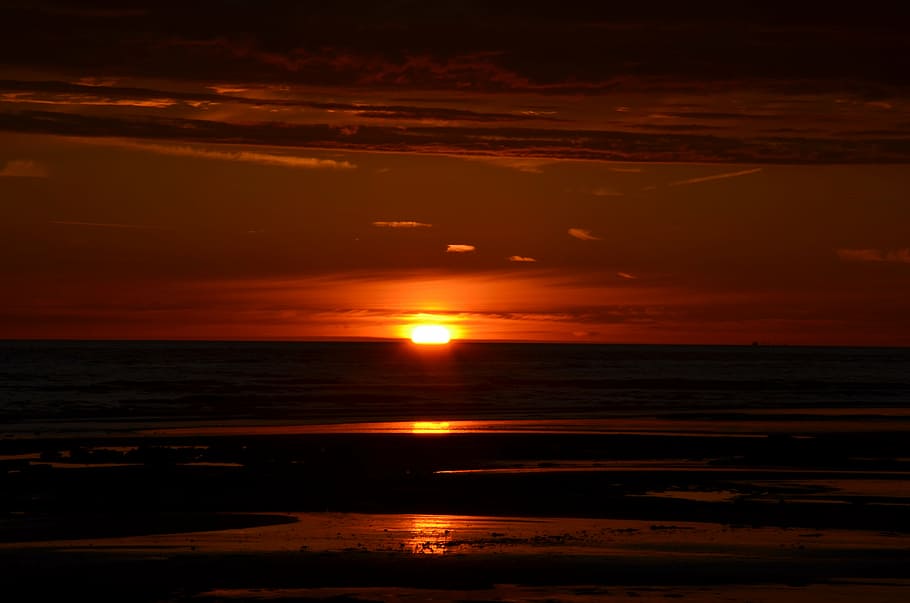 sun, lying, the lie, sky, beach, evening, dark skt, orande sunset, HD wallpaper