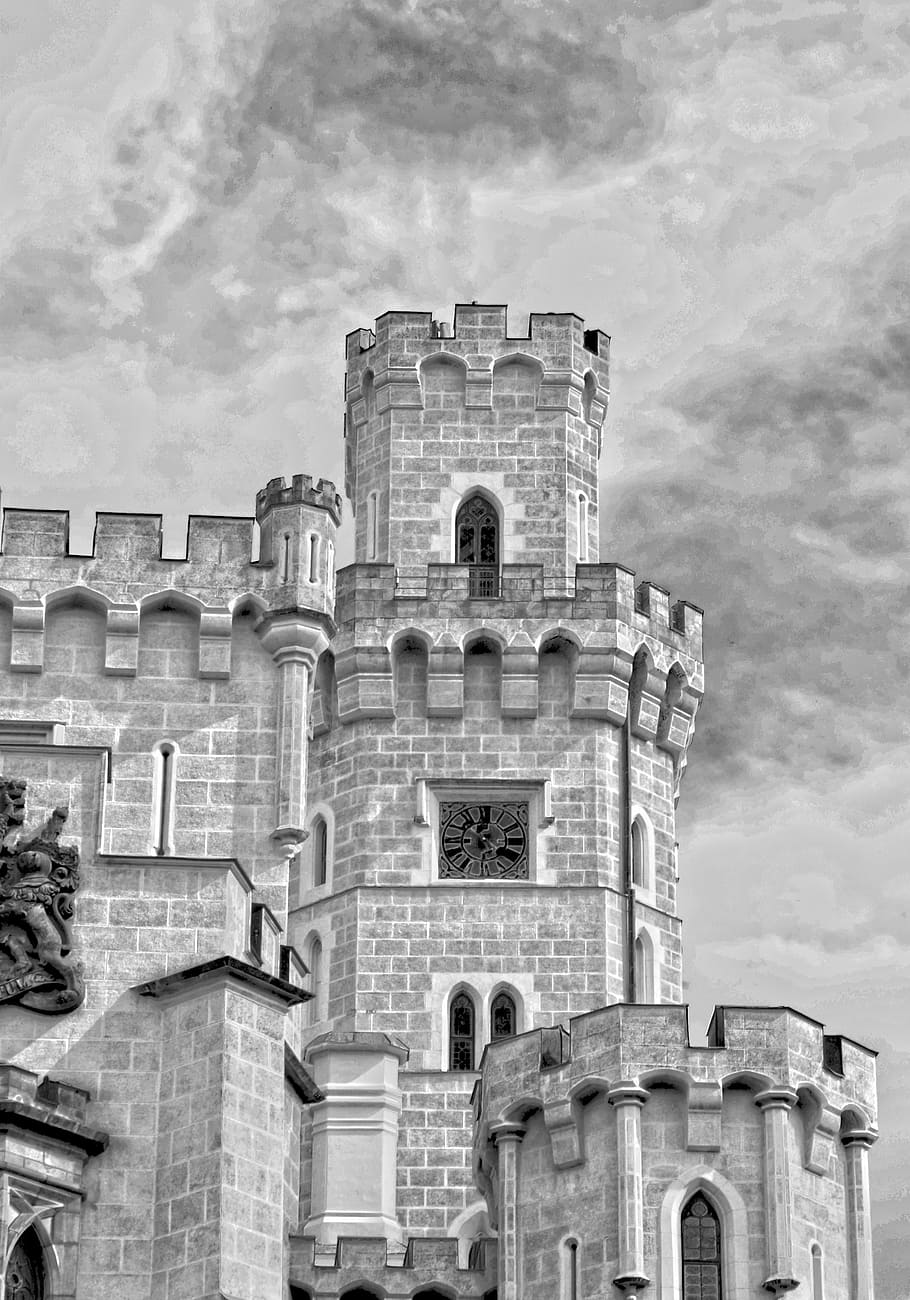 tower, castle, hluboká, south bohemia, afternoon, black And White, HD wallpaper