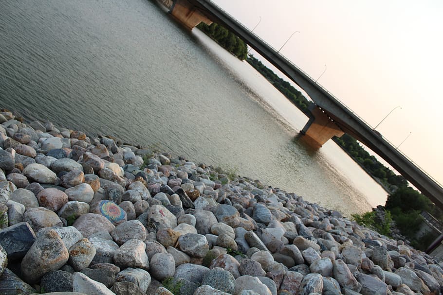 sunset, river side, bridges, water, solid, no people, rock HD wallpaper