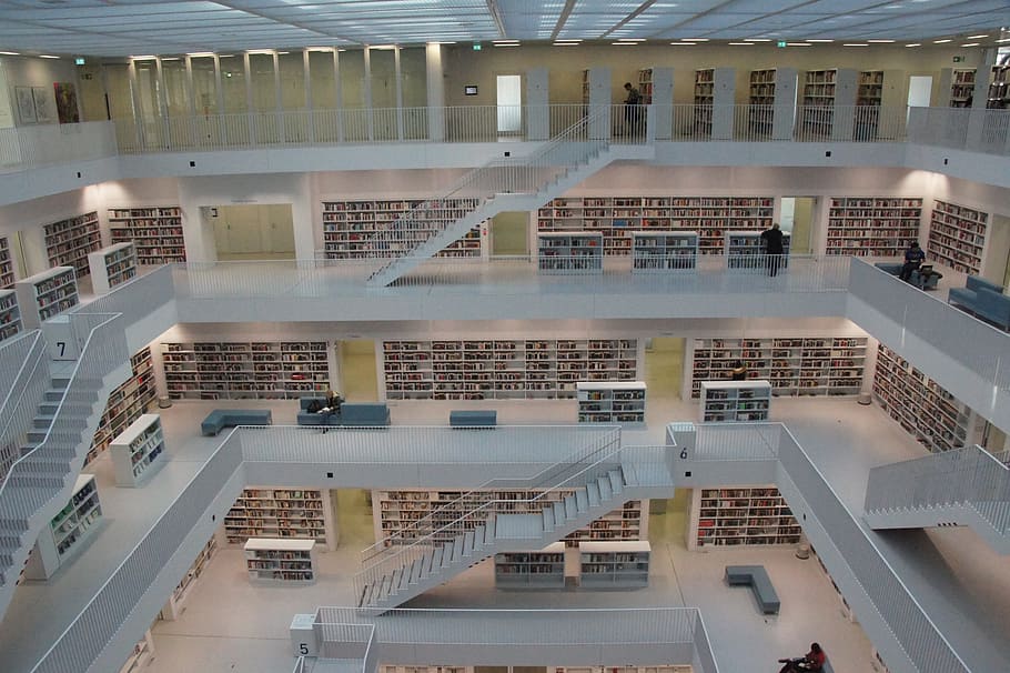 several people in library, stuttgart, books, architecture, modern, HD wallpaper