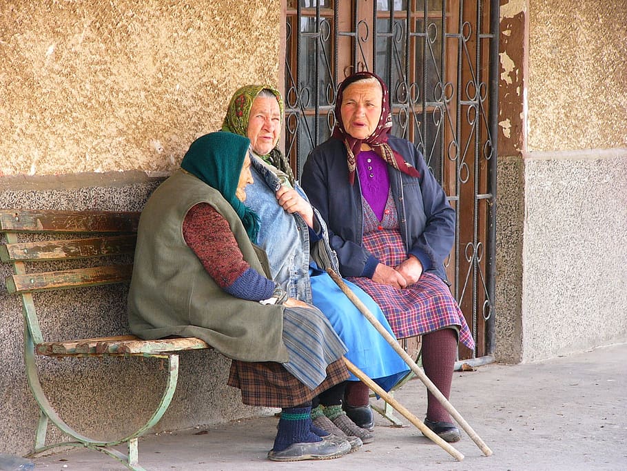 three women sitting on bench near wall, Bulgaria, Village, Peasants, HD wallpaper