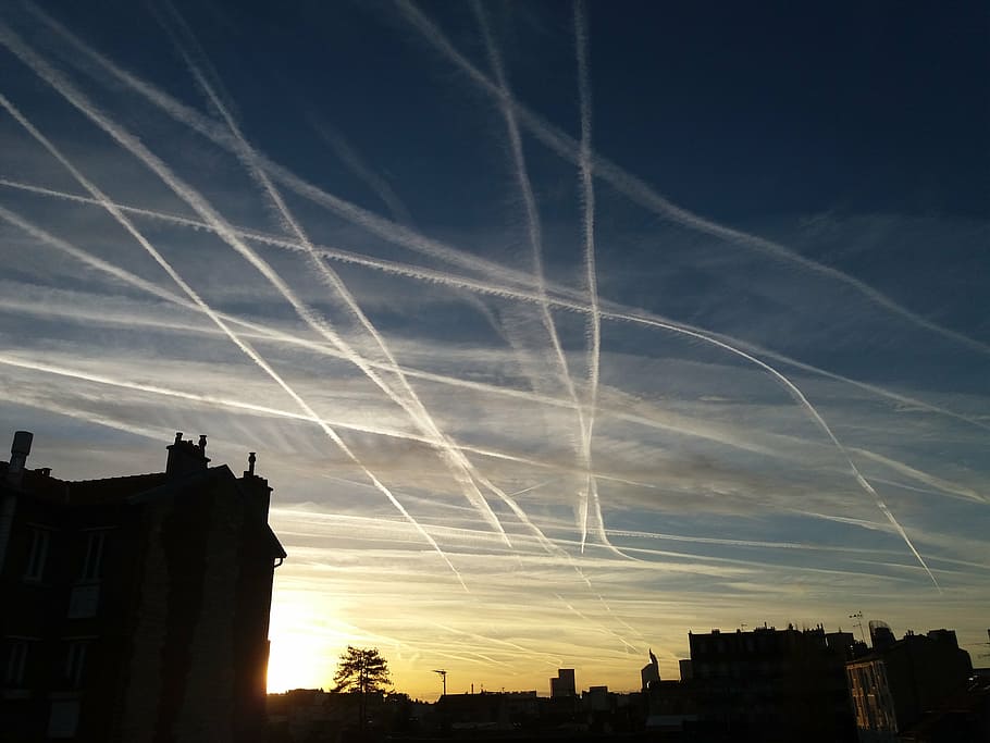 tracks, sky, flight path, evenig, lines, architecture, built structure HD wallpaper