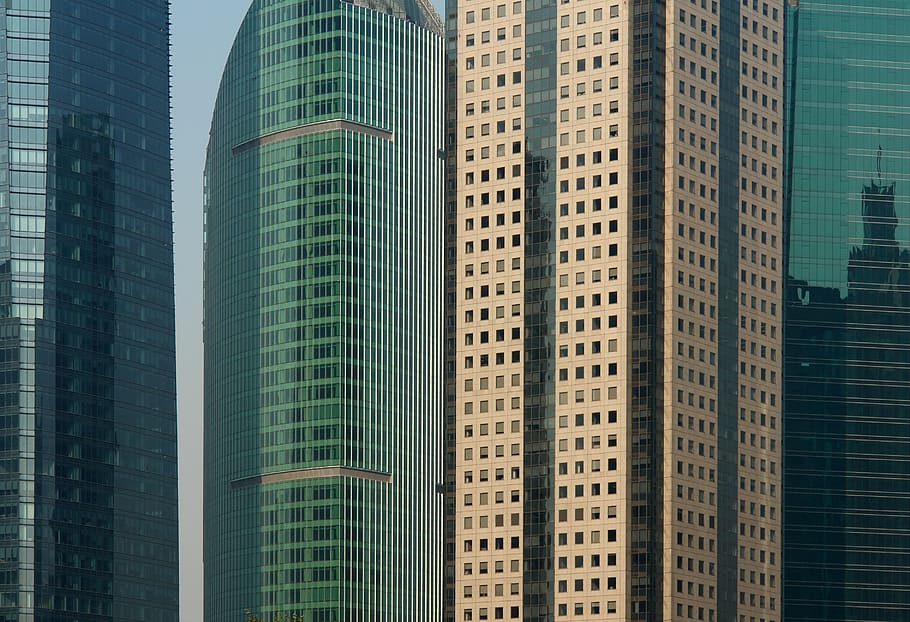 city buildings at daylight, facade, glass facade, skyscraper HD wallpaper