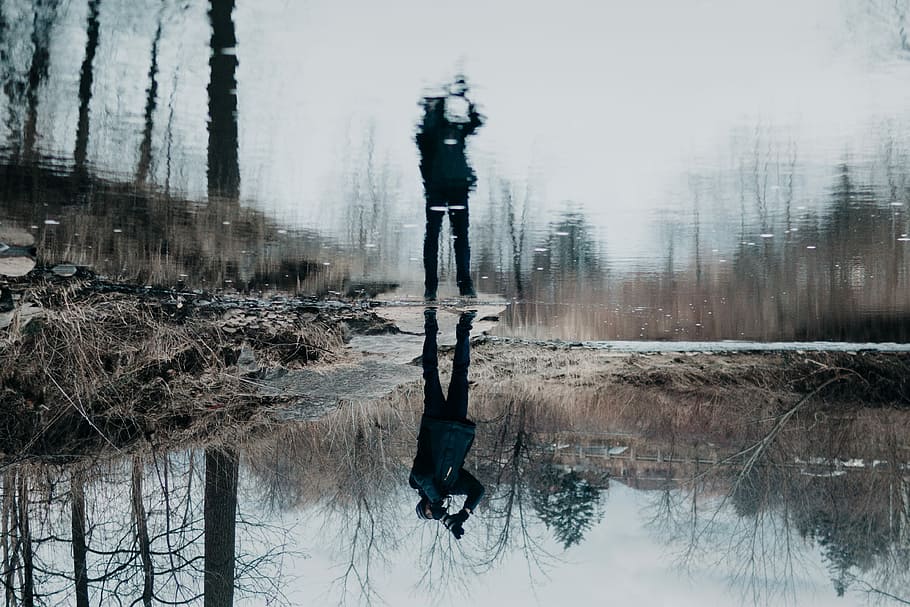 water reflection of a person holding camera standing near pond, person standing near body of water at daytime, HD wallpaper