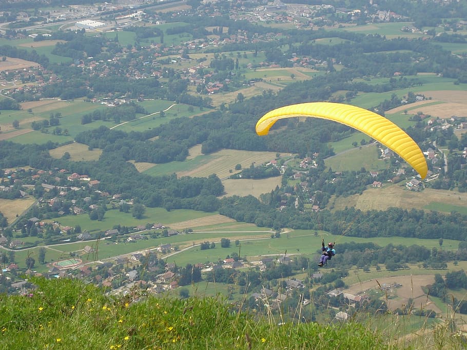 paragliding, mont revard, aix les bains, mountain, landscape, HD wallpaper