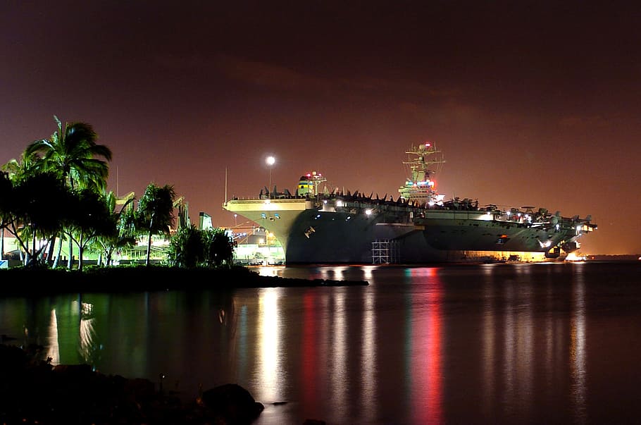 gray cruiser ship beside seashore, pearl harbor, hawaii, aircraft carrier