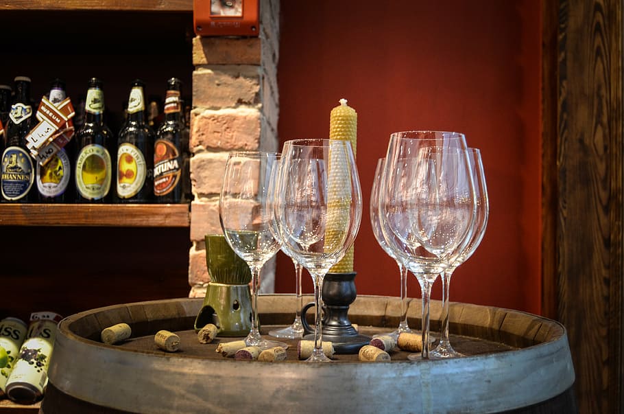 clear wine glasses, beer, the bottle, shop, alcohol, barrel, drink, HD wallpaper