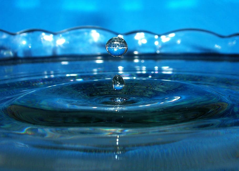 Drop, Water, Blue, reflection, rippled, motion, close-up, waterfront HD wallpaper