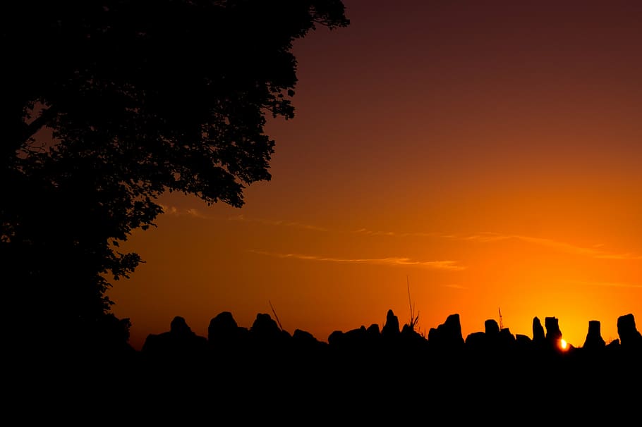 sunset, orange, shade, tree, sky, landscape, dusk, color, horizon HD wallpaper