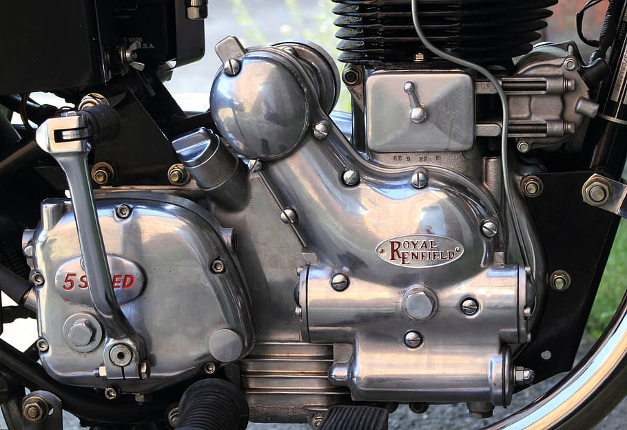 gray and black motorcycle engine, royal, single, indian, enfield