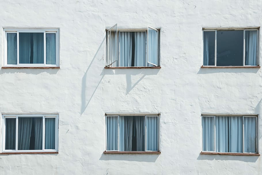 concrete structure under sunny sky, minimalist photography of six glass windows with gray curtains HD wallpaper