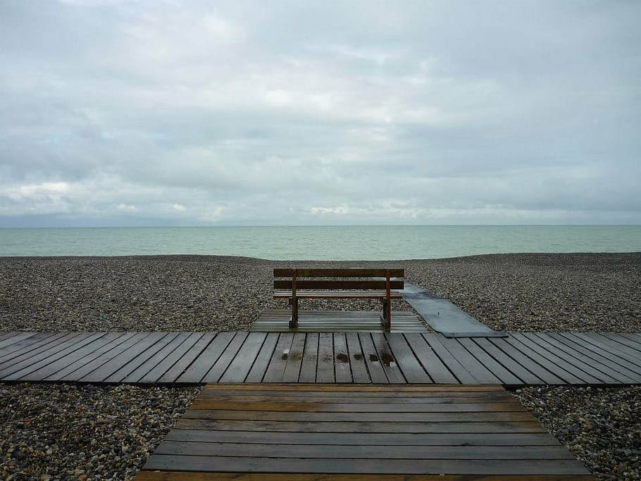 bench, beach, sea, wood - Material, nature, outdoors, sky, water HD wallpaper