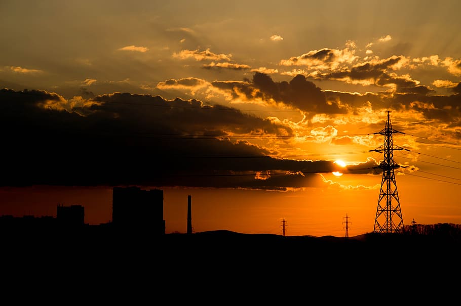 utility pole, electricity, sunset, sofia, industrial urban HD wallpaper
