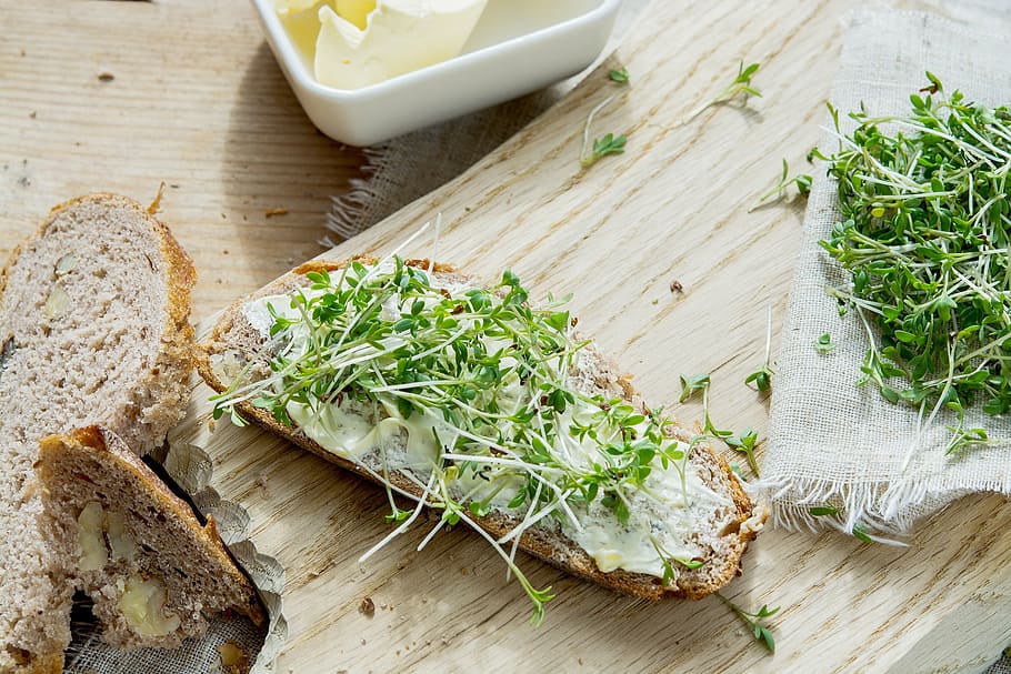 green vegetables and sliced bread, cress, cress bread, bread and butter HD wallpaper