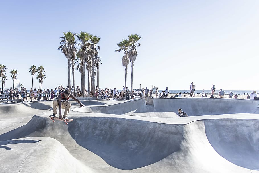 man doing stunts using his skateboard in skate park, daytime, HD wallpaper