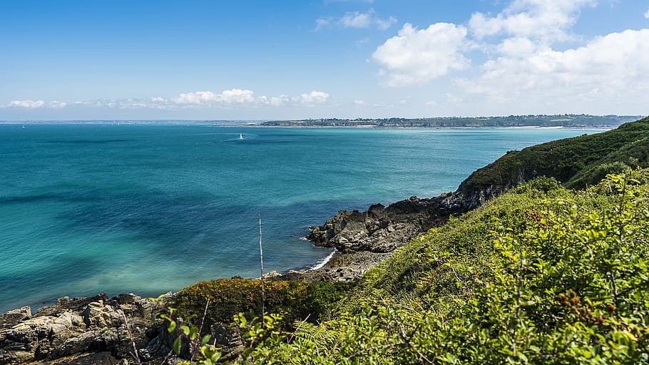 sea, side, brittany, water, beauty in nature, land, beach, sky HD wallpaper