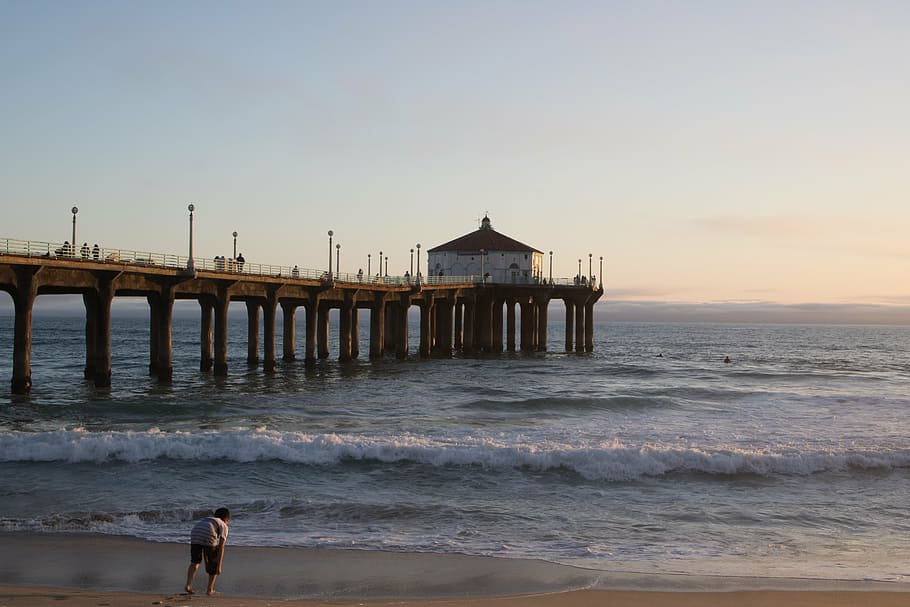 sunset, california, pier, sky, landscape, ocean, usa, beach HD wallpaper