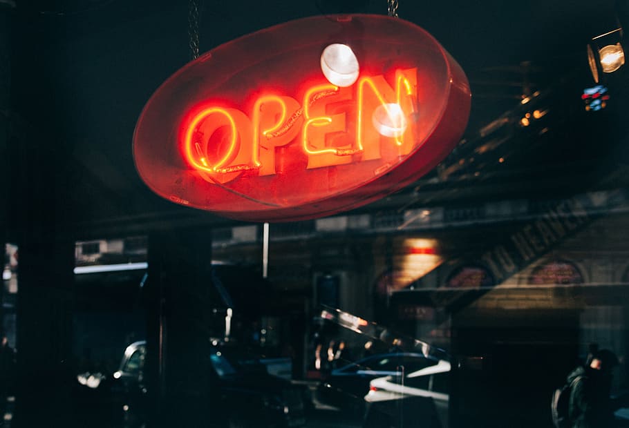 orange open neon signage ], dark, night, light, electricity HD wallpaper