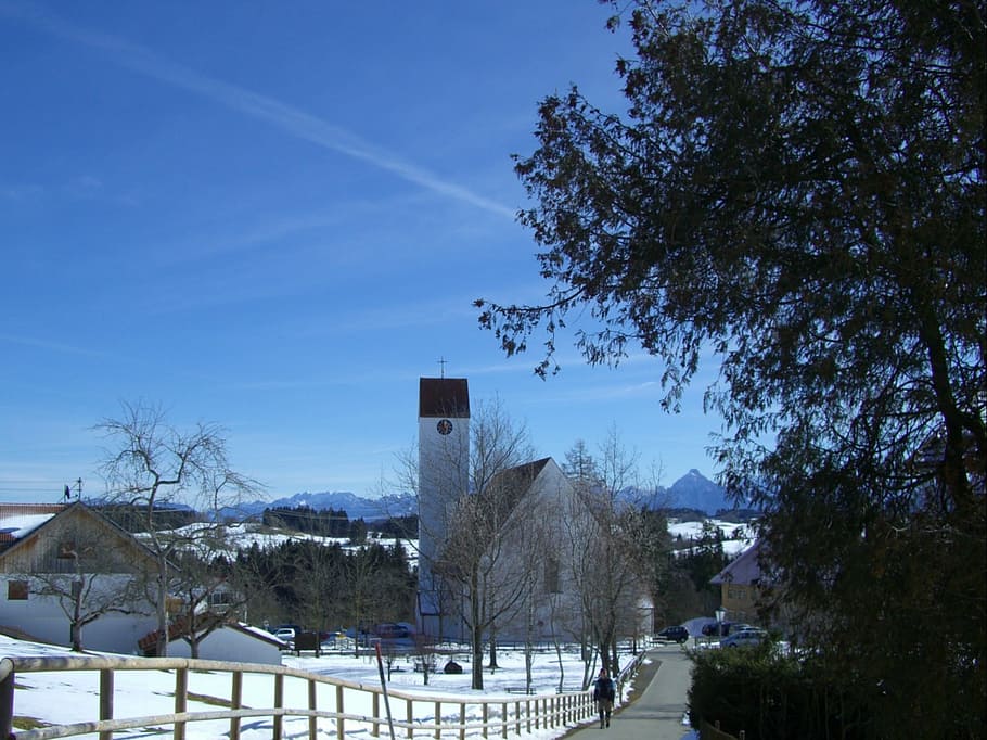 church, winter, snow, mountains, sky, blue, maria rain, allgäu HD wallpaper