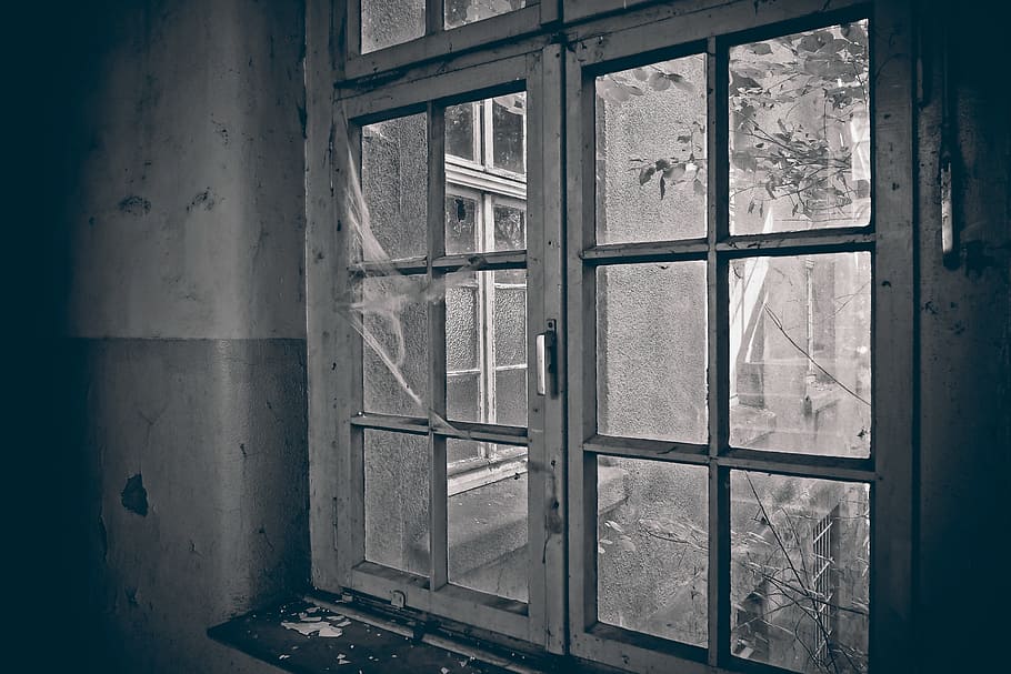 grayscale photo of glass window during daytime, Lost, Old, Ruin