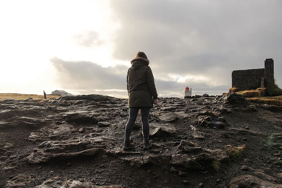 people, man, rocks, jacket, clouds, sky, alone, one person HD wallpaper