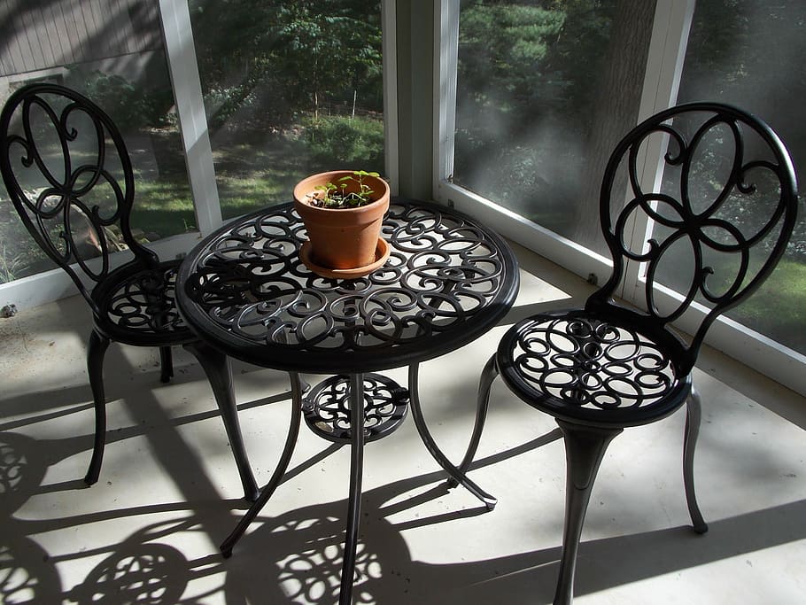 table, chair, interior, light, porch, evening shadows, no people HD wallpaper