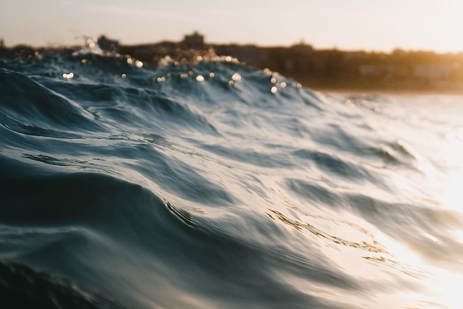 sea waves during sunset, body of water waving, ocean, sunlight HD wallpaper