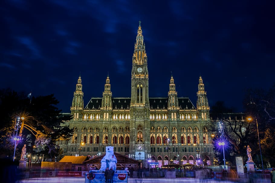 gray lighted church beside fountain, town hall, vienna, town hall square, HD wallpaper