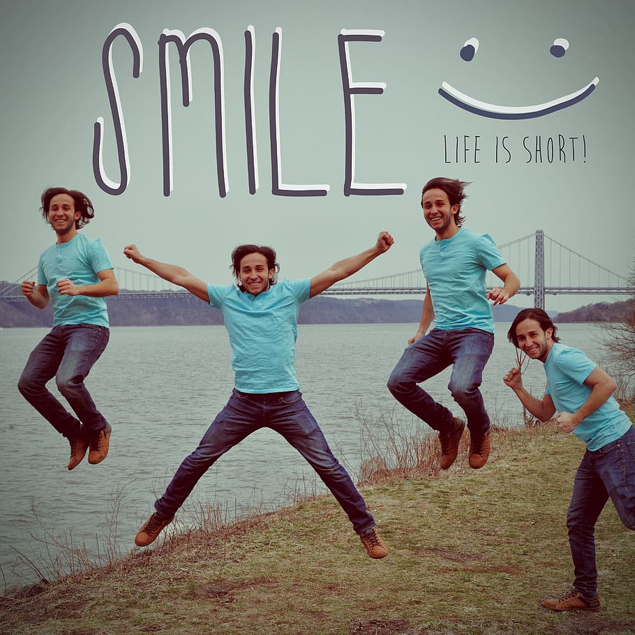 Smile life is too short collage, happy, smiling, jump, person
