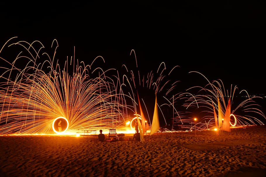 thailand, beach, fire show, asia, holiday, night, motion, illuminated