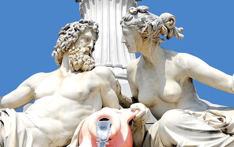 two human statues, sculpture, greek, figure, art, pillar, sky, HD wallpaper