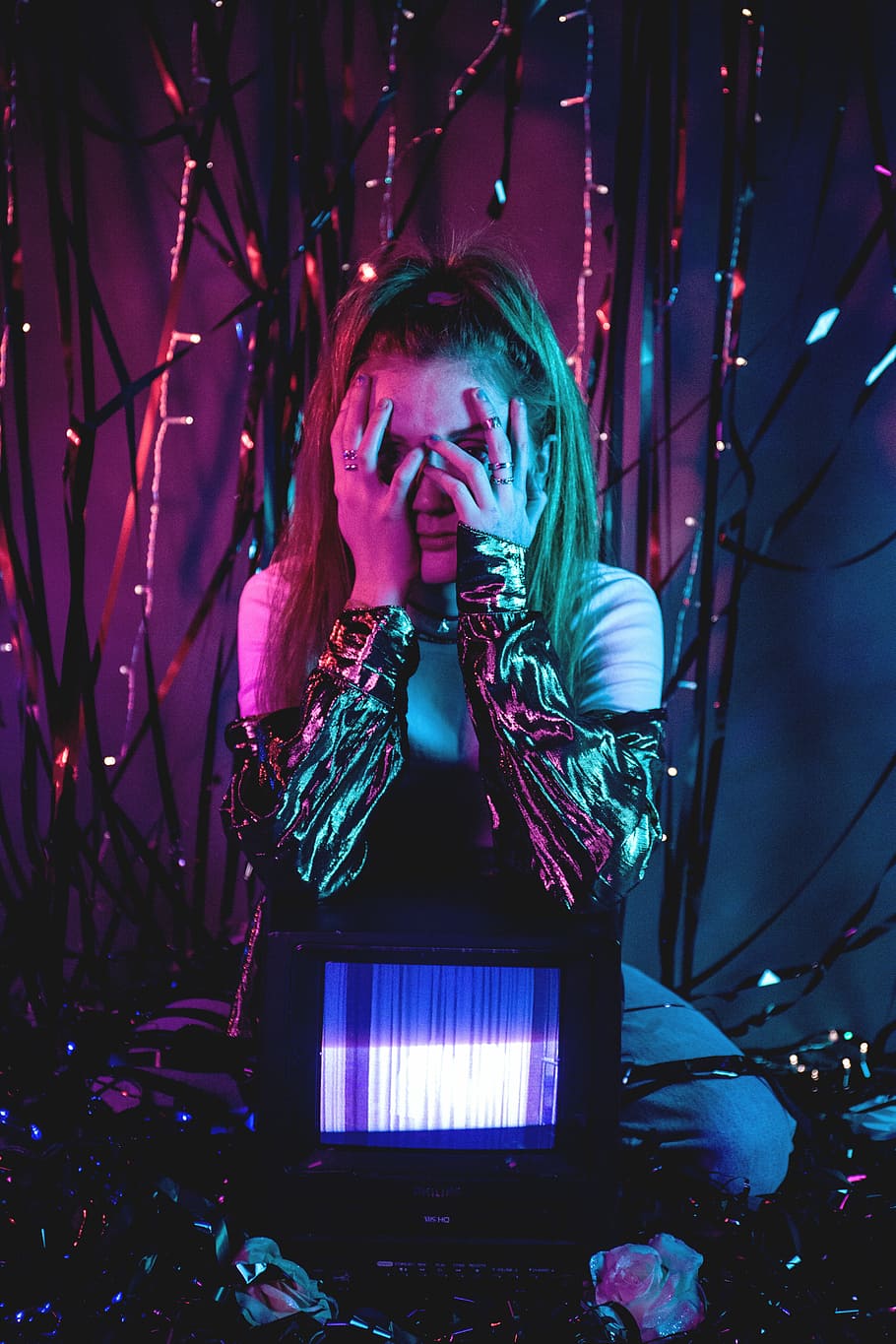 woman covering her face, night, dark, lights, pink, blue, illuminated HD wallpaper