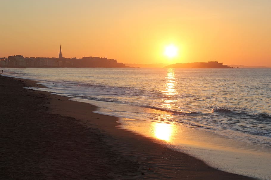 Saint Malo, St Malo, Brittany, Sunset, holiday, sea, beach, HD wallpaper