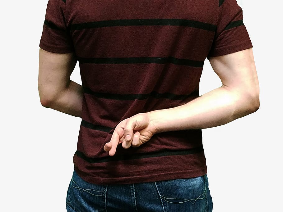 men in maroon shirt with finger cross sign, lying, promises, deception