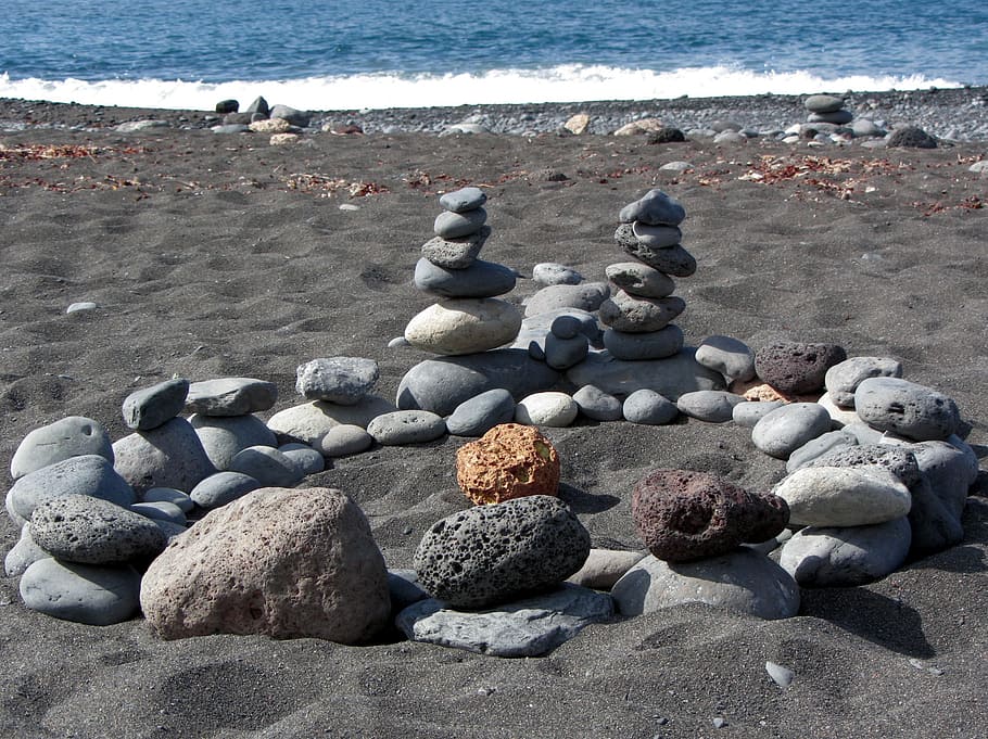 beach, stones, wave, blue, sand, coast, relaxation, rock, sea HD wallpaper
