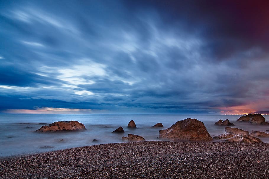 time lapse photography of body of water, nimbus, clouds, sea HD wallpaper