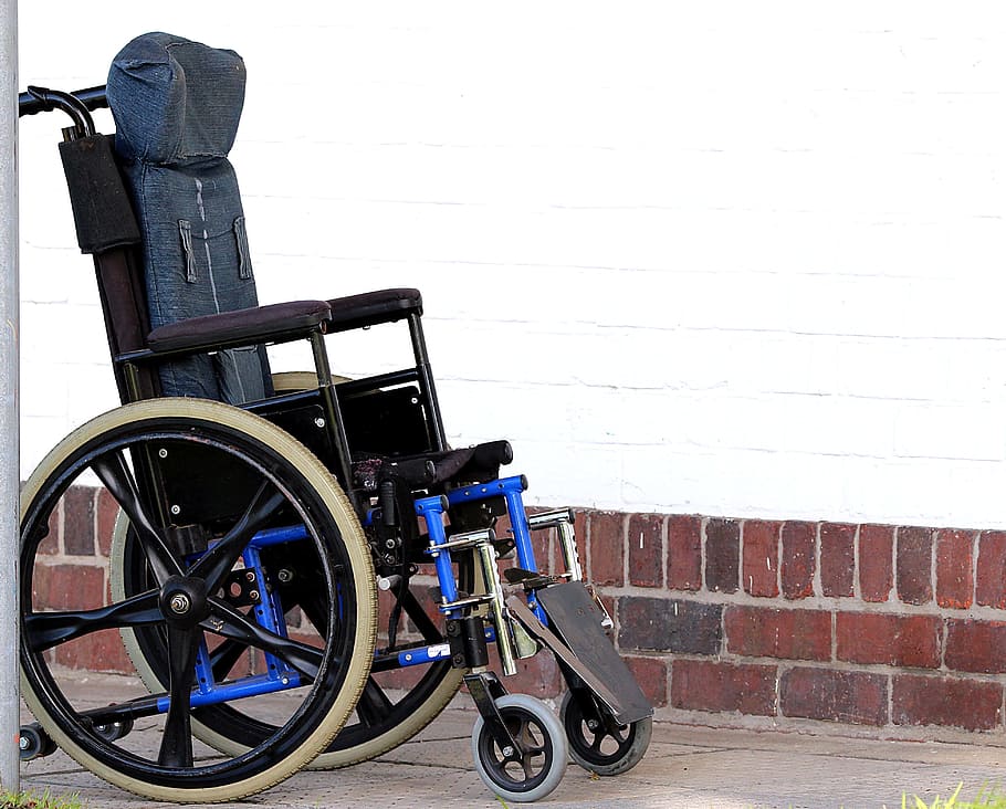 black and blue wheelchair parked near wall, Disability, Lame