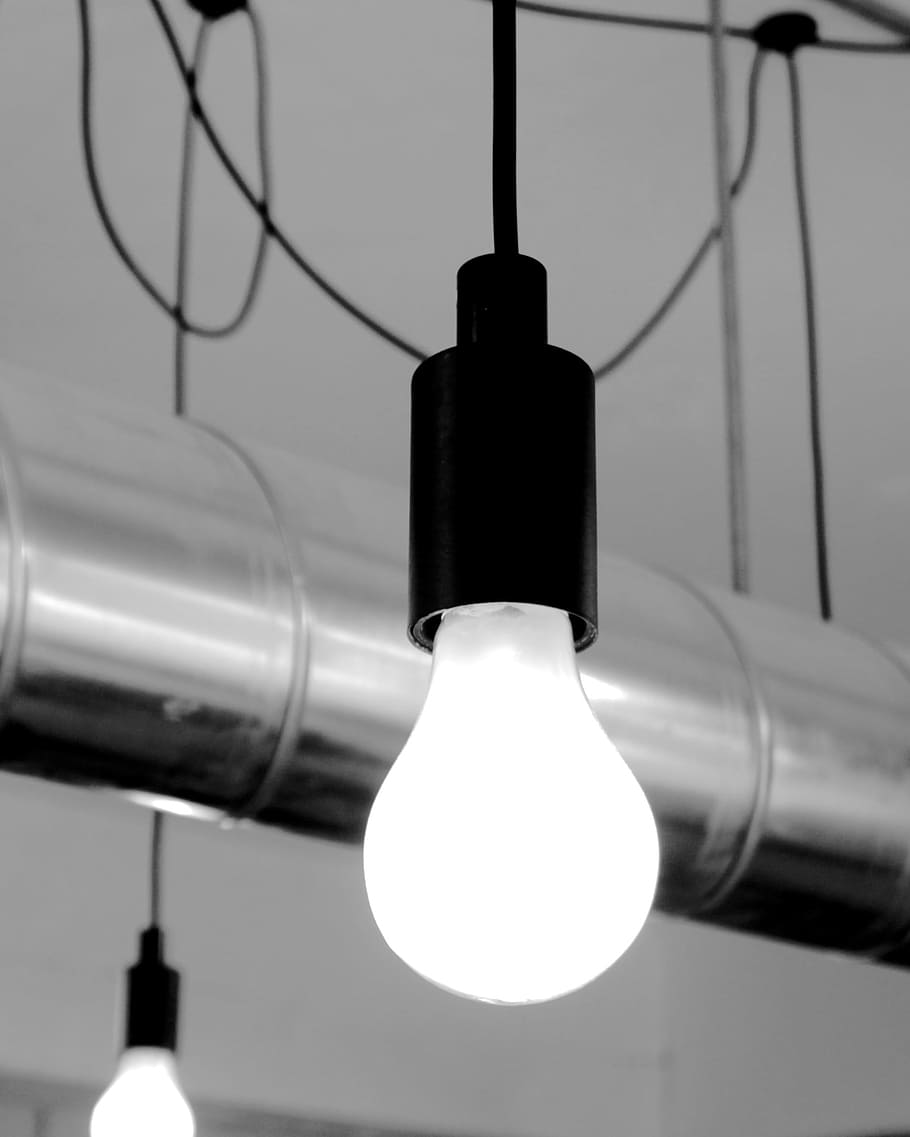 two lit light bulbs, lightbulb, electric, glass, imagination HD wallpaper