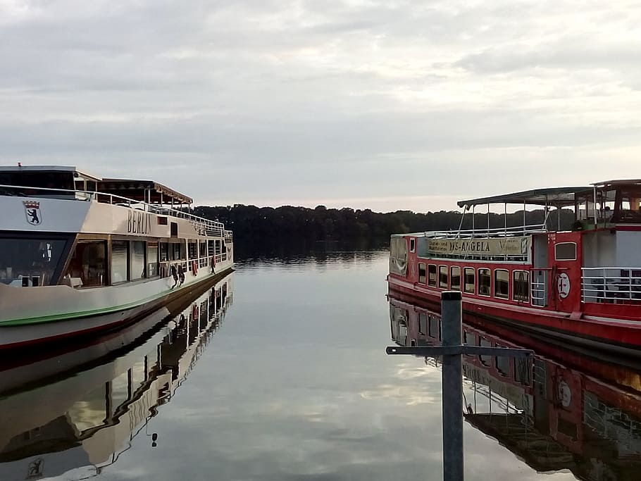 ship, lake, evening, port, berlin, tegel, water, sky, nautical vessel, HD wallpaper