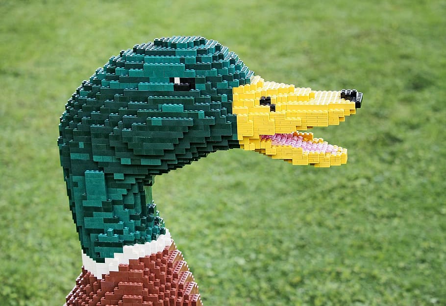 mallard duck in mega pixel photography, lego, drake, bird, brick
