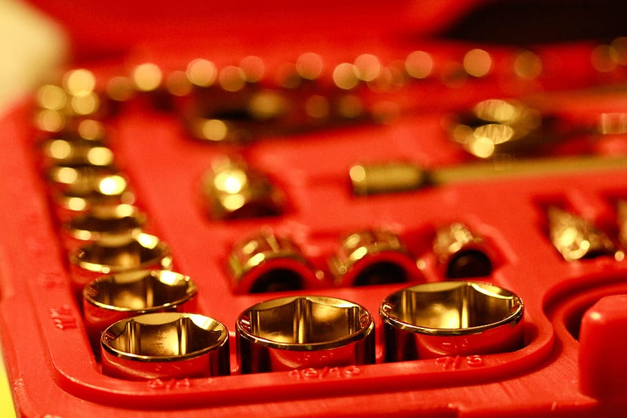 mechanic, tools, garage, red, close-up, no people, gold colored HD wallpaper