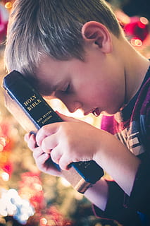 boy holding Holy Bible, book, reading, religious, hand, bokeh HD wallpaper