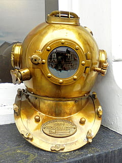 vintage diving helmet, underwater, diver, ocean, metal, old HD wallpaper