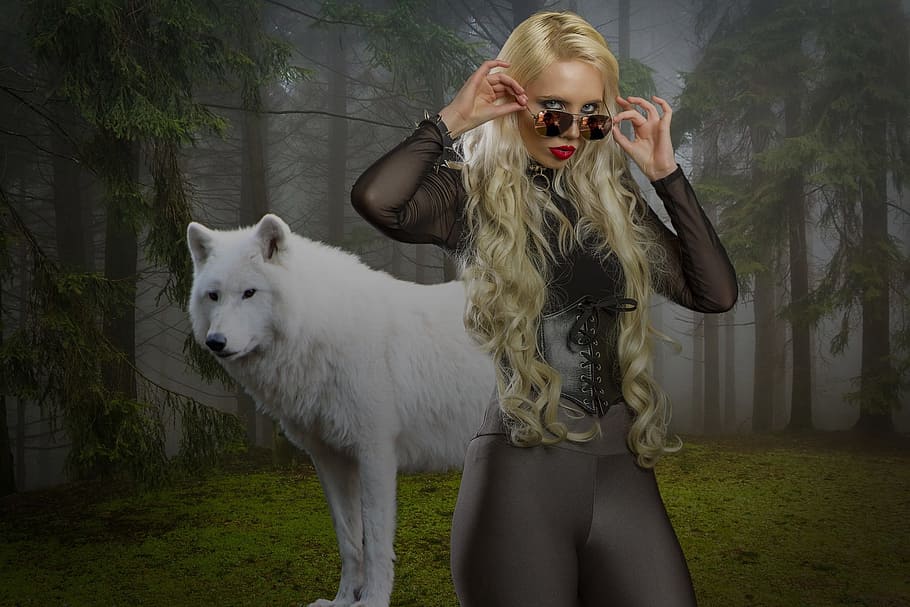 wolf, blonde, girl, forest, one person, real people, lifestyles HD wallpaper