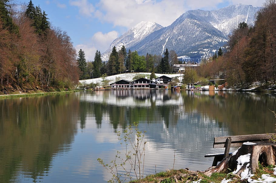 garmisch, riessersee, spring, mountain, water, tree, architecture HD wallpaper