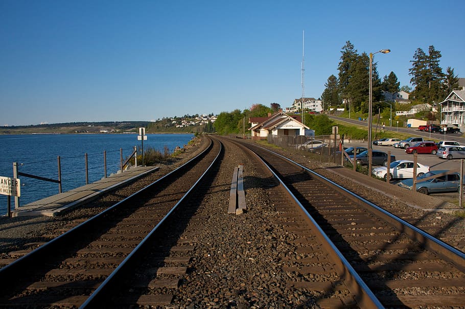 Railroad, Tracks, Tree, Clouds, sky, washington, state, bay HD wallpaper