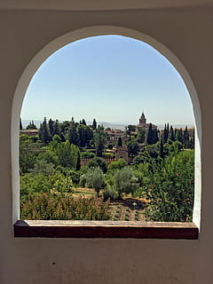 window, archway, architecture, spain, granada, alhambra, sunny HD wallpaper