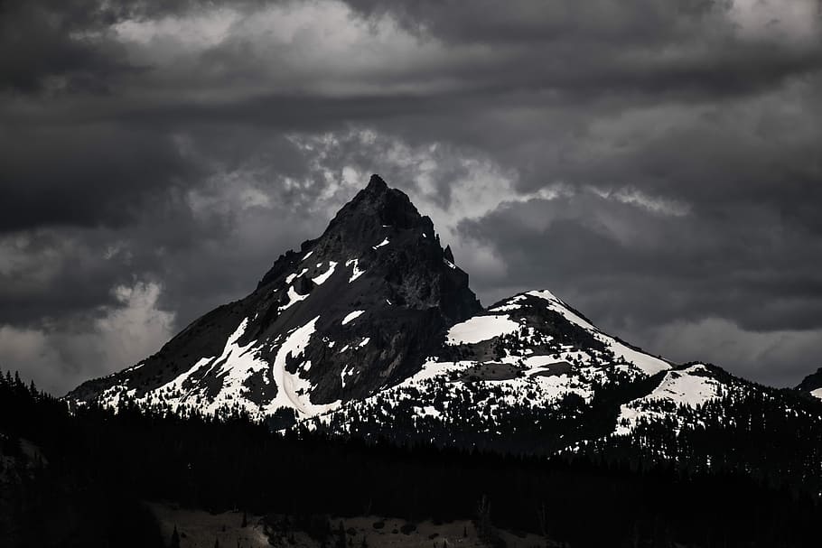 silhouette photo of mountain covered with snow, silhouette of trees with mountains during night time HD wallpaper