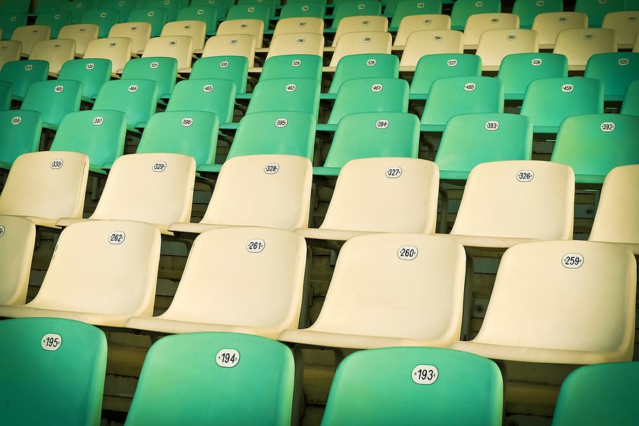 white and green chairs, architecture, sit, building, rows of seats