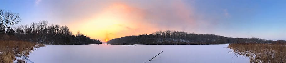 panoramic, sunset, snow, landscape, ice, winter, trees, nature HD wallpaper